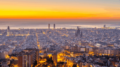Barcelona skyline at sunset