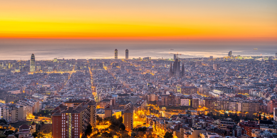 Barcelona skyline at sunset